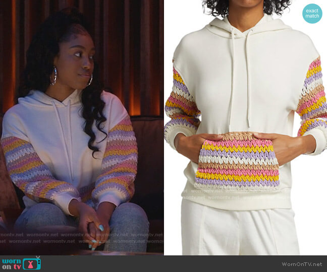 Alice + Olivia Nisa Crochet Combo Hoodie worn by Jojo (Precious Way) on Queens