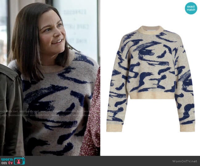 REMAIN Birger Christensen Brushstroke Knit Cropped Sweater worn by Jodie (Ginnifer Goodwin) on Pivoting