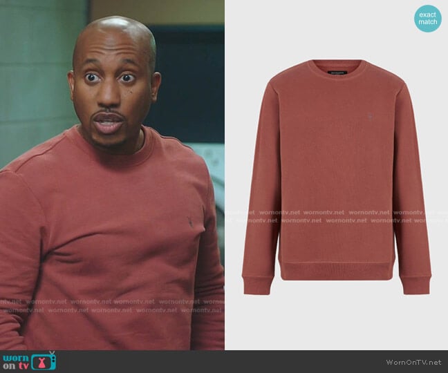 All Saints Raven Crew Sweatshirt in Clay Red worn by Gary Williams (Chris Redd) on Kenan