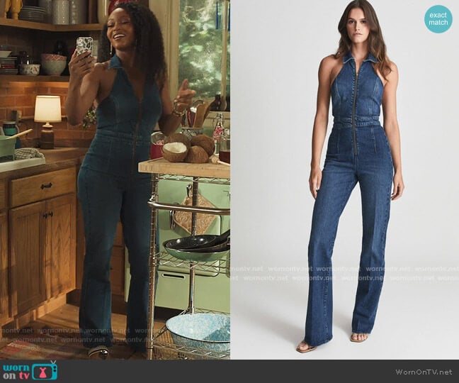 Reiss Denim Halterneck Jumpsuit worn by Angela Vaughn (Yaya DaCosta) on Our Kind of People