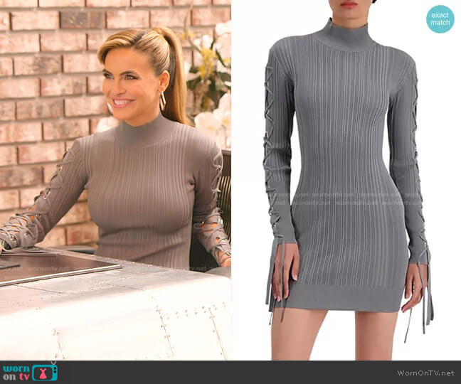 Herve Leger Rib Lace-Up Long-Sleeve Dress in Stone worn by Chrishell Stause on Selling Sunset
