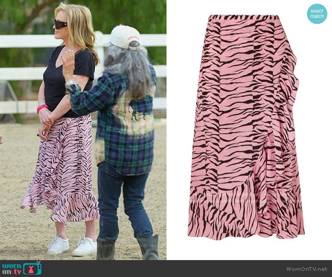 Rixo Gracie ruffled printed silk crepe de chine wrap skirt worn by Kathy Hilton on Paris in Love