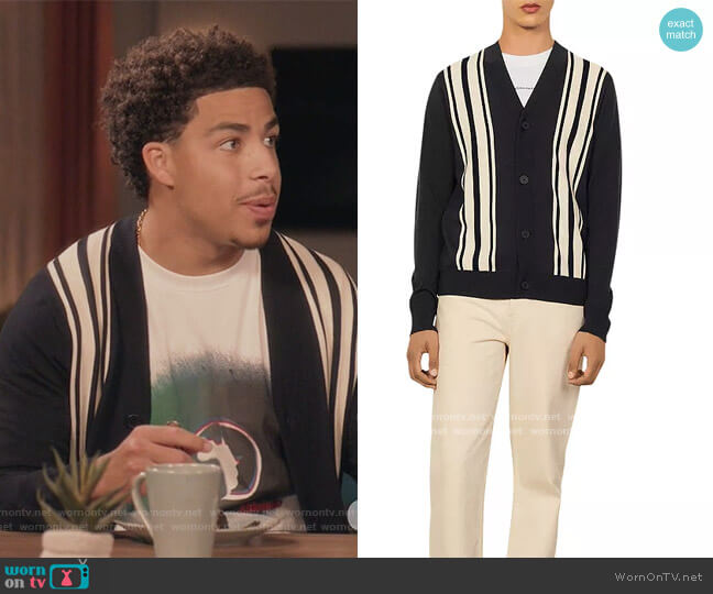 Sandro College Wool Stripe Cardigan worn by Andre Johnson Jr (Marcus Scribner) on Black-ish