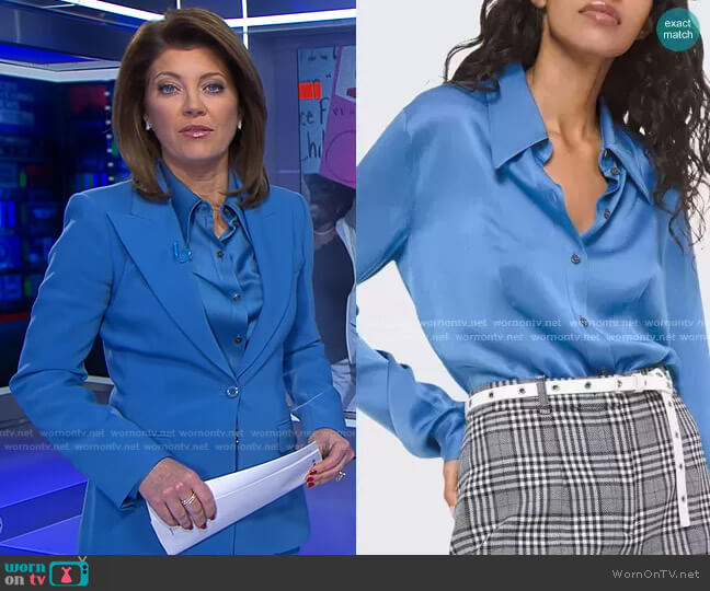 Michael Kors Satin Pointed-Collar Button-Front Shirt worn by Norah O'Donnell on CBS Evening News
