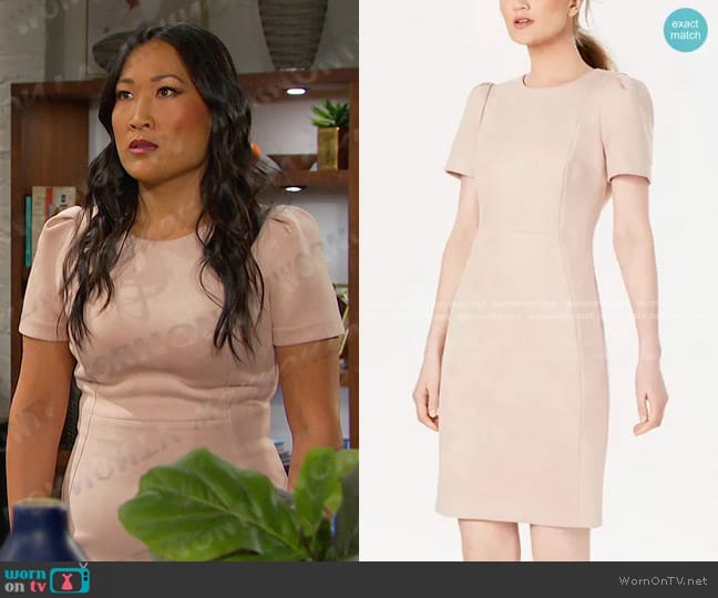 Calvin Klein Scuba-Suede Short Sleeve Sheath Dress in Blush worn by Melinda Trask (Tina Huang) on Days of our Lives