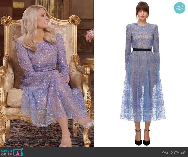 Self Portrait Blue Flower Sequin Midi Dress worn by Paris Hilton on Paris in Love