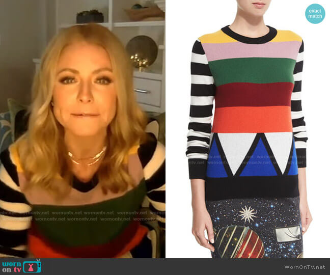 Libertine Sonia Striped Jewel-Neck Cashmere Sweater worn by Kelly Ripa on Live with Kelly and Mark