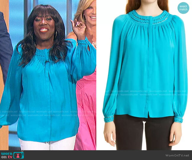 Kobi Halperin Sylvia Embellished Yoke Blouse worn by Sheryl Underwood on The Talk