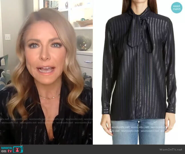 Saint Laurent Tie-neck striped metallic silk-blend shirt worn by Kelly Ripa on Live with Kelly and Mark