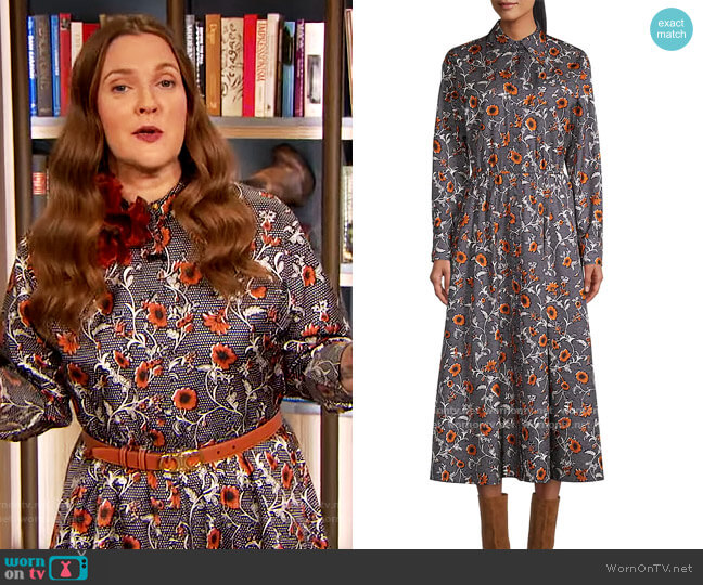 Tory Burch Eleanor Silk Floral Shirtdress worn by Drew Barrymore on The Drew Barrymore Show