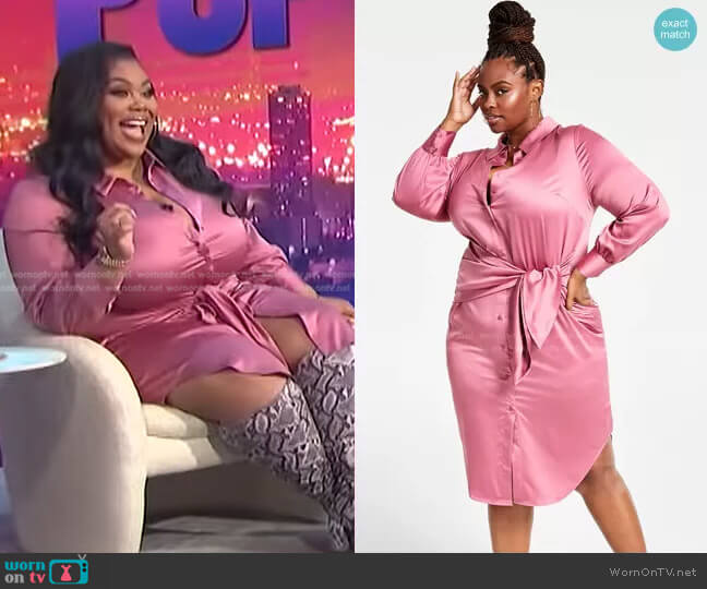 Nina Parker Trendy Plus Size Satin Tie-Front Shirtdress in Heather Rose worn by Nina Parker on E! News