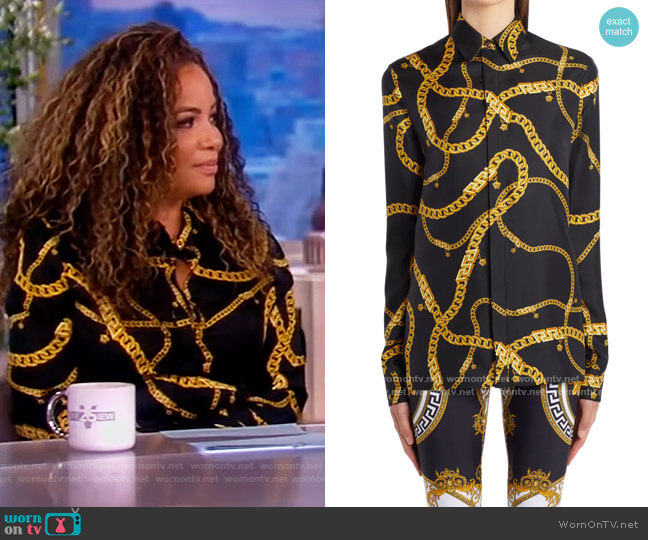 Versace Chain Print Silk Twill Blouse worn by Sunny Hostin on The View