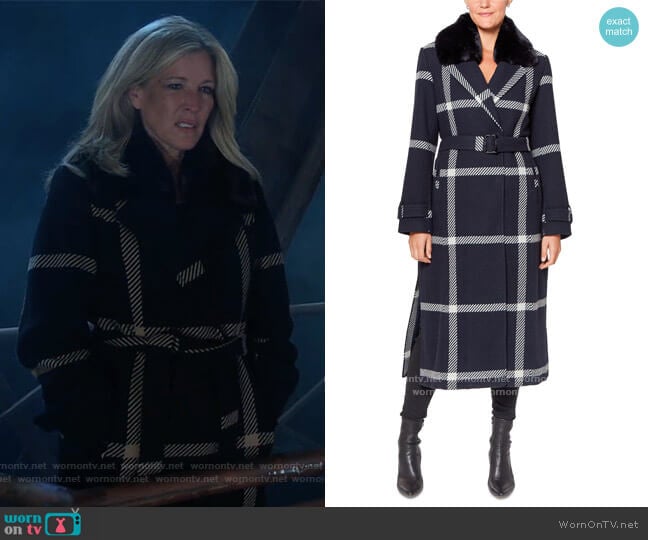 Vince Camuto Faux-Fur-Collar Plaid Maxi Wrap Coat worn by Carly Spencer (Laura Wright) on General Hospital