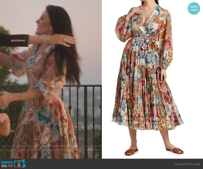 Zimmermann Cassia patchwork-print midi dress worn by Vanessa Villela on Selling Sunset