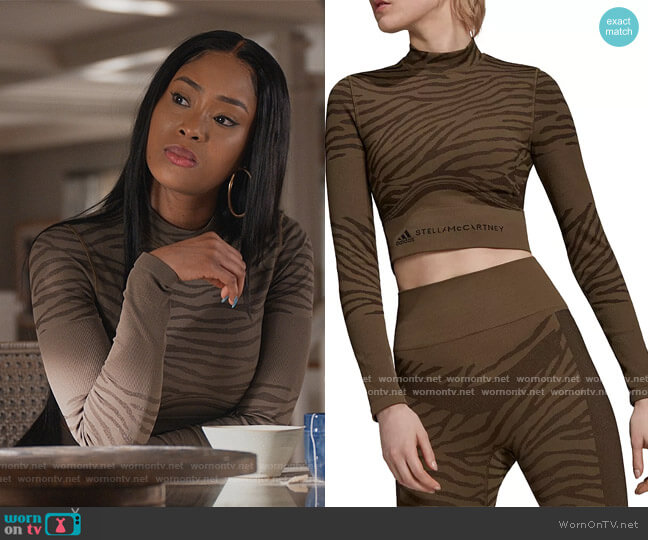Adidas by Stella McCartney Zebra Striped Jacquard Cropped Long Sleeve Top worn by Lauren Rice (Pepi Sonuga) on Queens