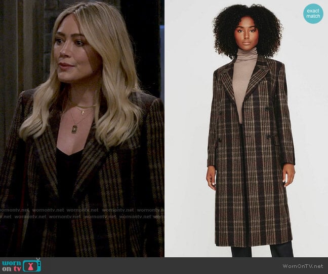 AG Jeans Danna Coat in Square plaid walnut brown worn by Sophie (Hilary Duff) on How I Met Your Father