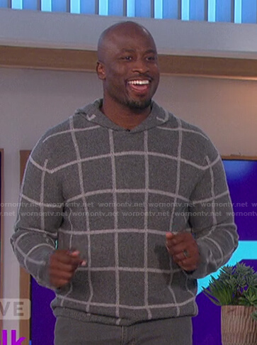Akbar’s grey windowpane check hooded sweater on The Talk