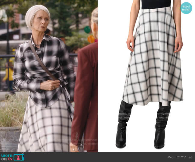 Akris Punto Windowpane Check Midi A-Line Skirt worn by Miranda Hobbs (Cynthia Nixon) on And Just Like That