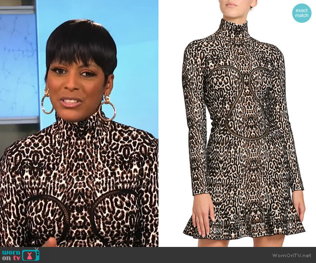 Alaia Leopard-Print Bodice-Outlined Minidress worn by Tamron Hall on Tamron Hall Show
