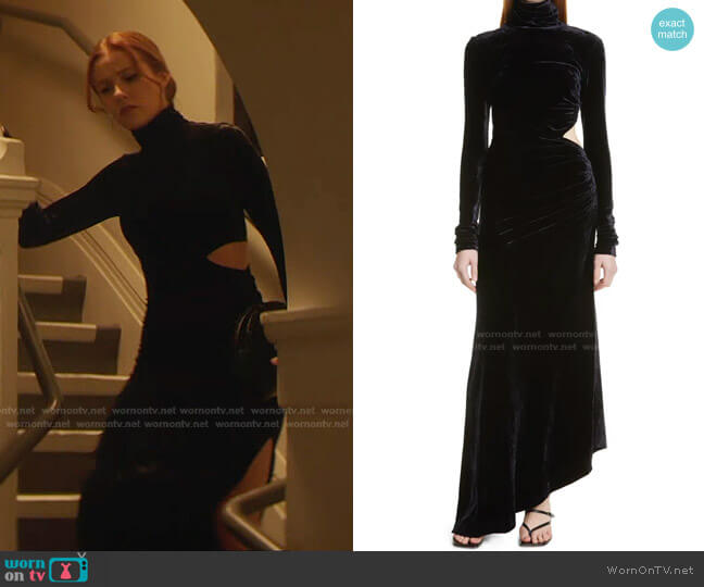 A.L.C. Katherine Cutout Velvet Turtleneck Maxi Dress worn by Nancy Drew (Kennedy McMann) on Nancy Drew