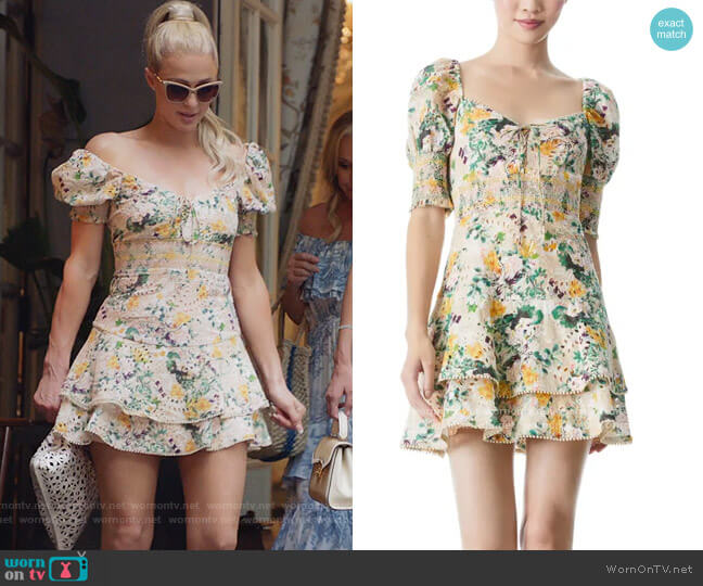 Alice + Olivia Crawford Floral Sweetheart Neck Cotton Minidress worn by Paris Hilton on Paris in Love