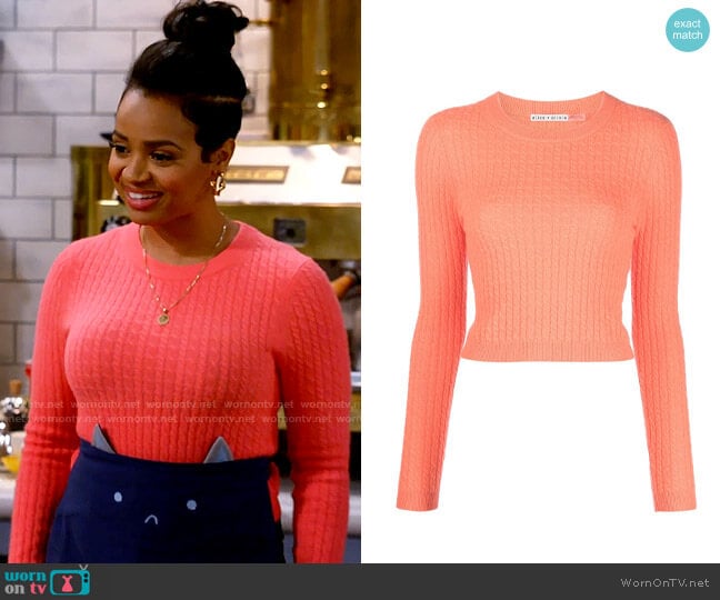 Alice + Olivia Ciara Cable Knit Sweater in Deep Coral worn by Randi (Kyla Pratt) on Call Me Kat