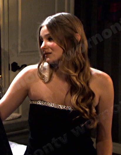 Allie’s black embellished strapless dress on Days of our Lives