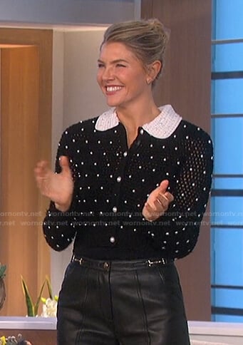 Amanda’s black pearl embellished cardigan and horsebit leather shorts on The Talk
