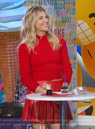 Amanda’s red ribbed sweater and pleated leather skirt on The Talk