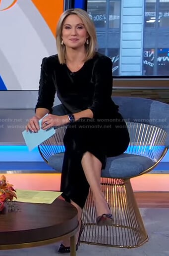 Amy’s black ruched sleeve velvet top and pants on Good Morning America