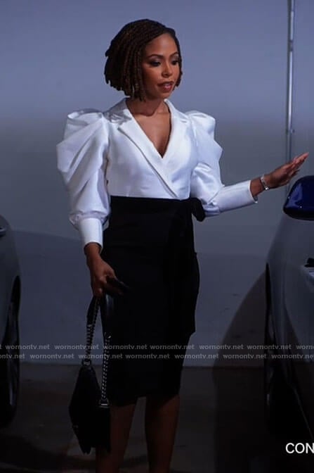 Andi’s black and white puff sleeve suit dress on Tyler Perrys Sistas