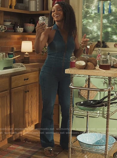 Angela’s sleeveless denim jumpsuit on Our Kind of People