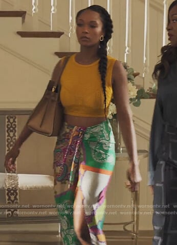 Angela’s patchwork printed skirt on Our Kind of People