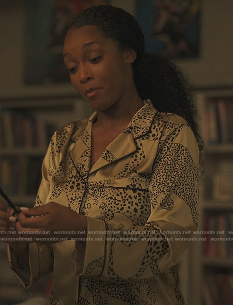 Angela’s whtie leopard print pajama set on Our Kind of People