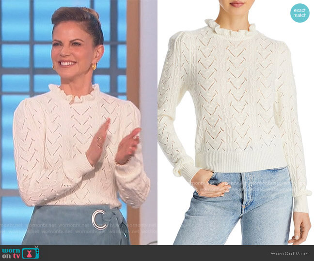 Aqua Cashmere Ruffled Turtleneck Sweater worn by Natalie Morales on The Talk