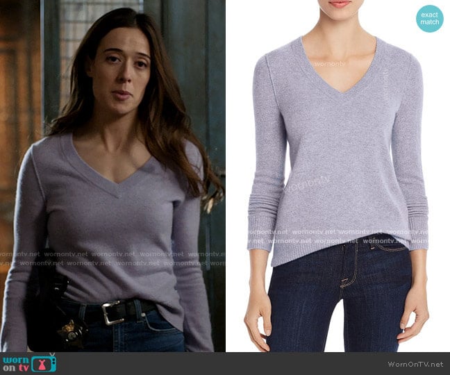 Aqua V-Neck Cashmere Sweater in Heather Iris worn by Kim Burgess (Marina Squerciati) on Chicago PD