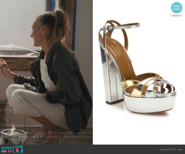 Aquazzura Luna Metallic Sandals worn by Carrie Bradshaw (Sarah Jessica Parker) on And Just Like That