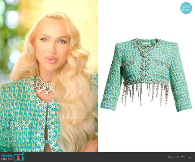 Area Cropped Tweed Blazer w/ Pearl Drop Fringe worn by Christine Quinn on Selling Sunset