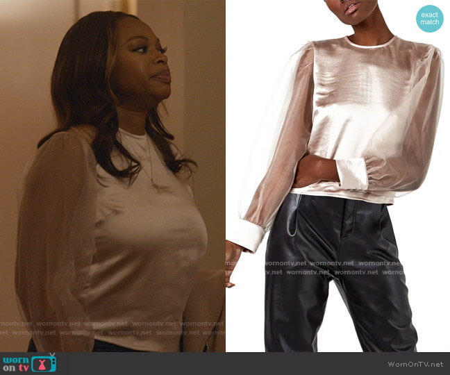 As by DF Janessa Organza-Sleeve Satin Top worn by Jill (Naturi Naughton) on Queens