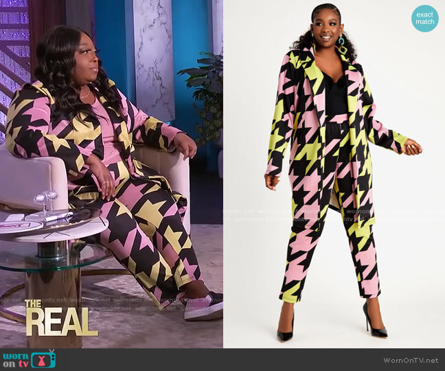 Ashley Stewart Houndstooth Scuba Duster Jacket worn by Loni Love on The Real