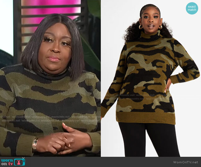 Ashley Stewart Camo Mock Neck Tunic Sweater worn by Loni Love on E! News