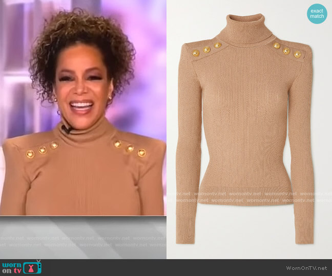 Balmain Button-embellished ribbed-knit turtleneck sweater worn by Sunny Hostin on The View