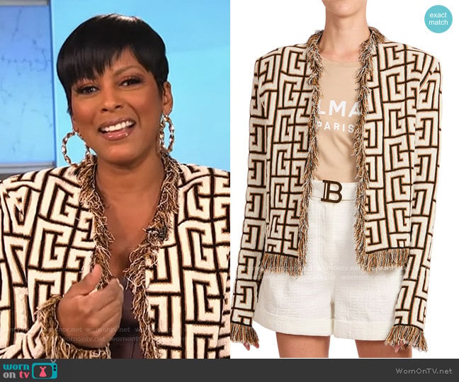 Balmain Fringed jacquard-knit jacket worn by Tamron Hall on Tamron Hall Show