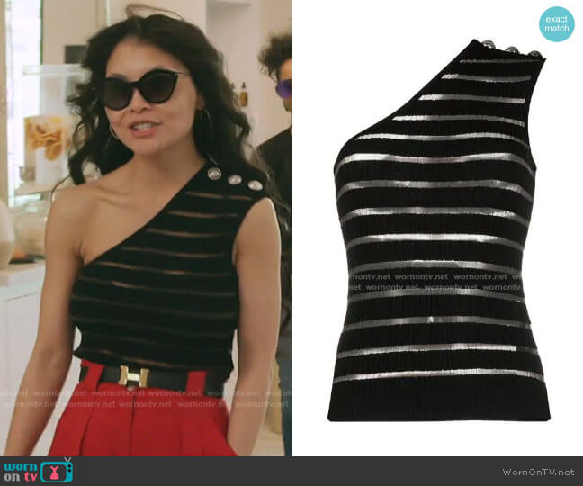 Balmain Striped One-Shoulder Top worn by Jennie Nguyen on The Real Housewives of Salt Lake City