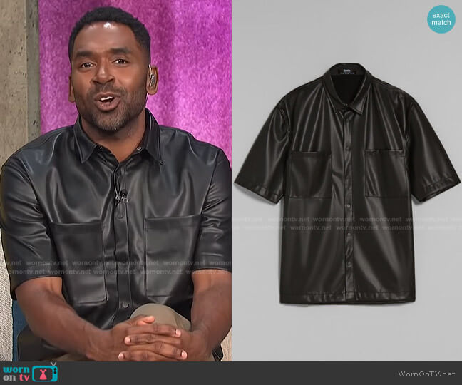 Bershka Faux Leather Short Sleeve Shirt worn by Justin Sylvester on E! News