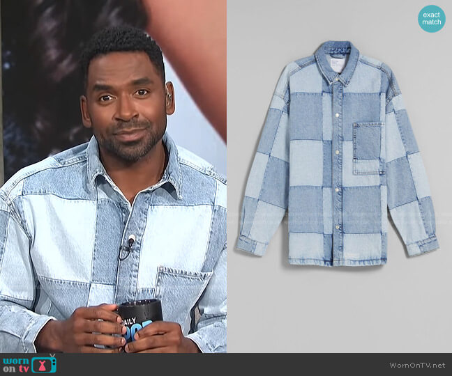 Bershka Oversize Hack Plaid Denim Jacket worn by Justin Sylvester on E! News