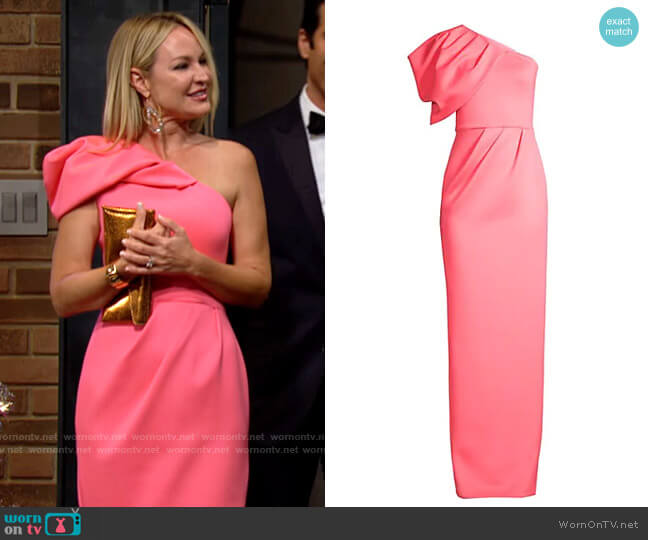 Black Halo Egan Gown in Neon Coral worn by Sharon Newman (Sharon Case) on The Young and the Restless