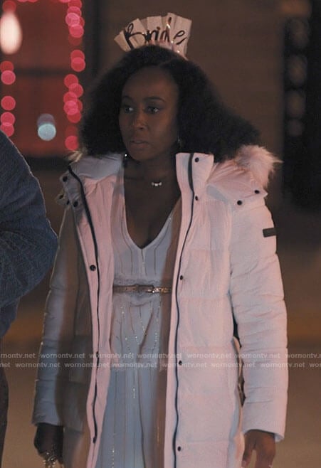 Brit’s white metallic stripe jumpsuit on Single Drunk Female
