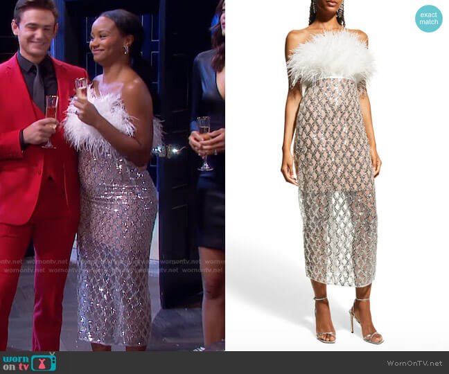 Bronx and Banco Afiya x Coco Feather Dress worn by Chanel Dupree (Raven Bowens) on Days of our Lives