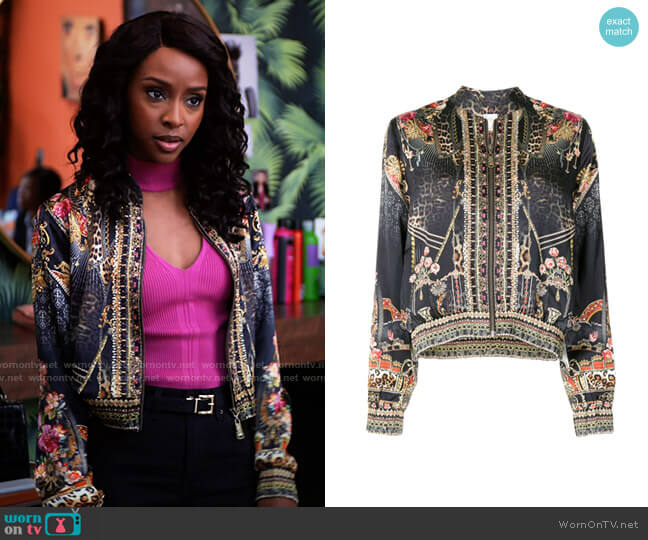 Camilla Gothic Goddess Bomber Jacket worn by Karen Mott (Ebony Obsidian) on Tyler Perrys Sistas